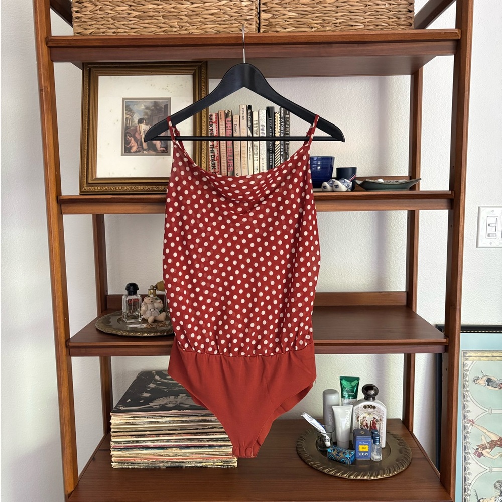 Rust Burnt Orange Polka Dot Cowl Neck Bodysuit | Chic Boho Top